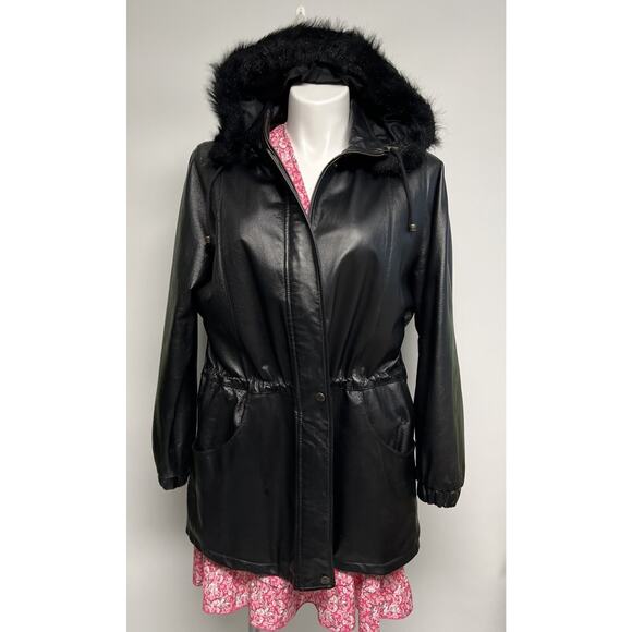 Vintage 90s Y2k Black Soft Leather Coat Cinched Waist Mid Length Sz 16 Faux Fur - Picture 1 of 16